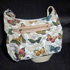 Butterfly Print Shoulder Bag with Tan Accents
